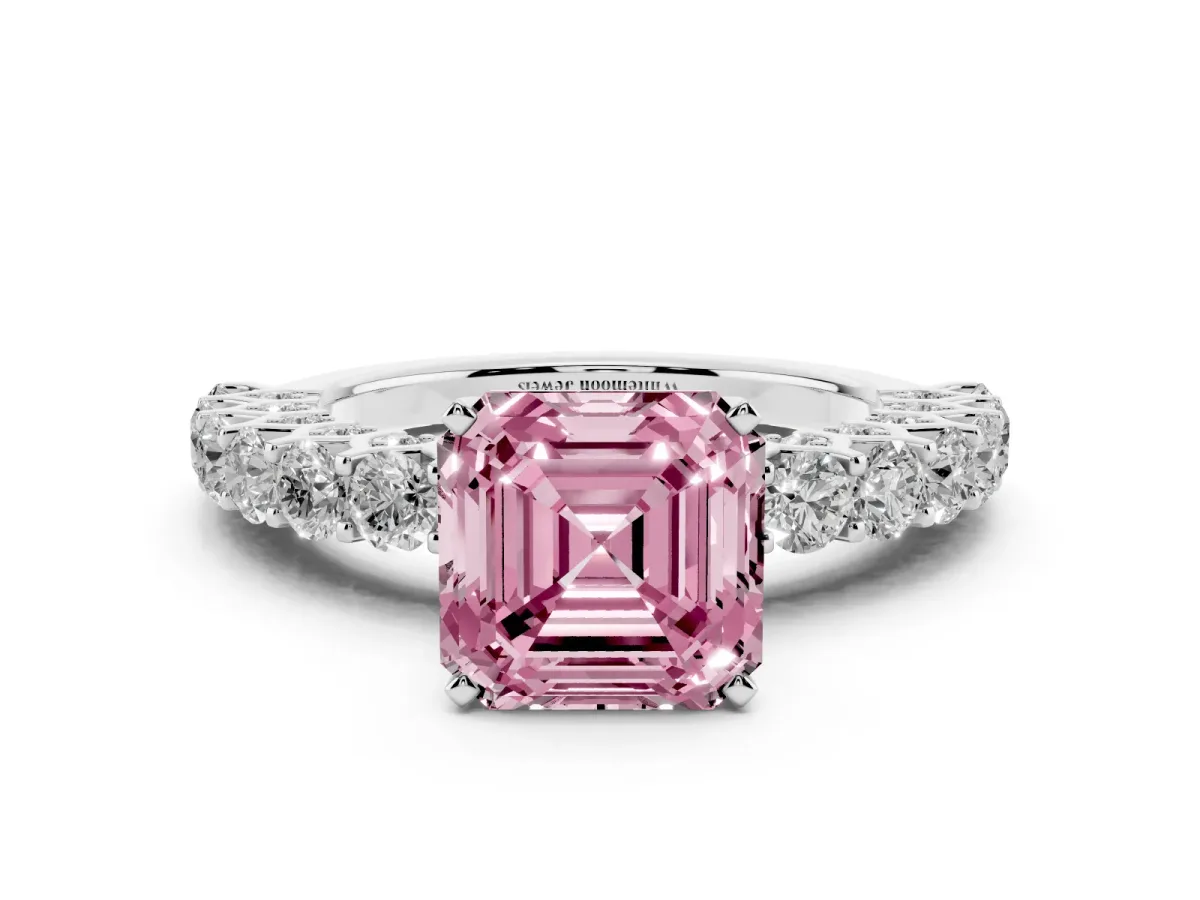 Fancy Pink Asscher Cut Diamond Solitaire Ring with Shared Prong Pavé Band and Four-Prong Setting Silver
