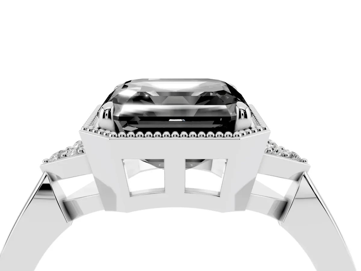 Fancy Black Hexagonal Halo Asscher Cut Diamond Solitaire with Pavé Band and Four-Prong Setting Silver
