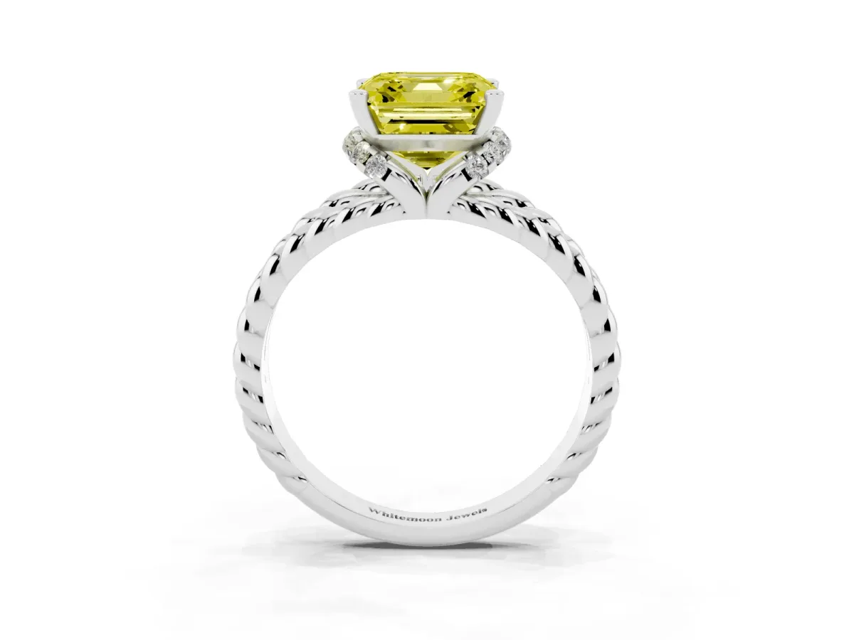 Fancy Yellow Asscher Cut Halo Twisted Band Four-Prong Ring Silver
