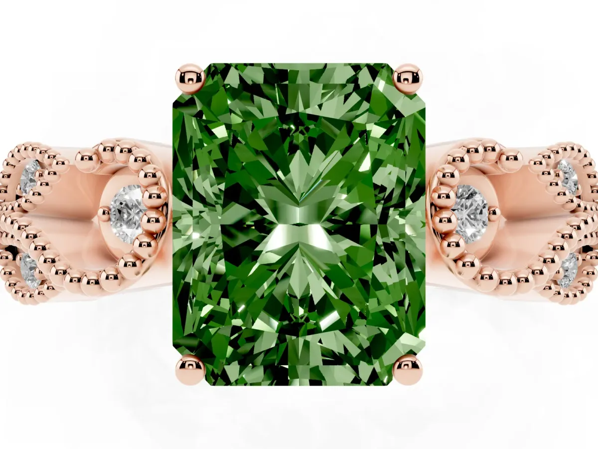 Fancy Green Radiant Cut Solitaire Milgrain Leaf Band with Prong Setting Rose gold