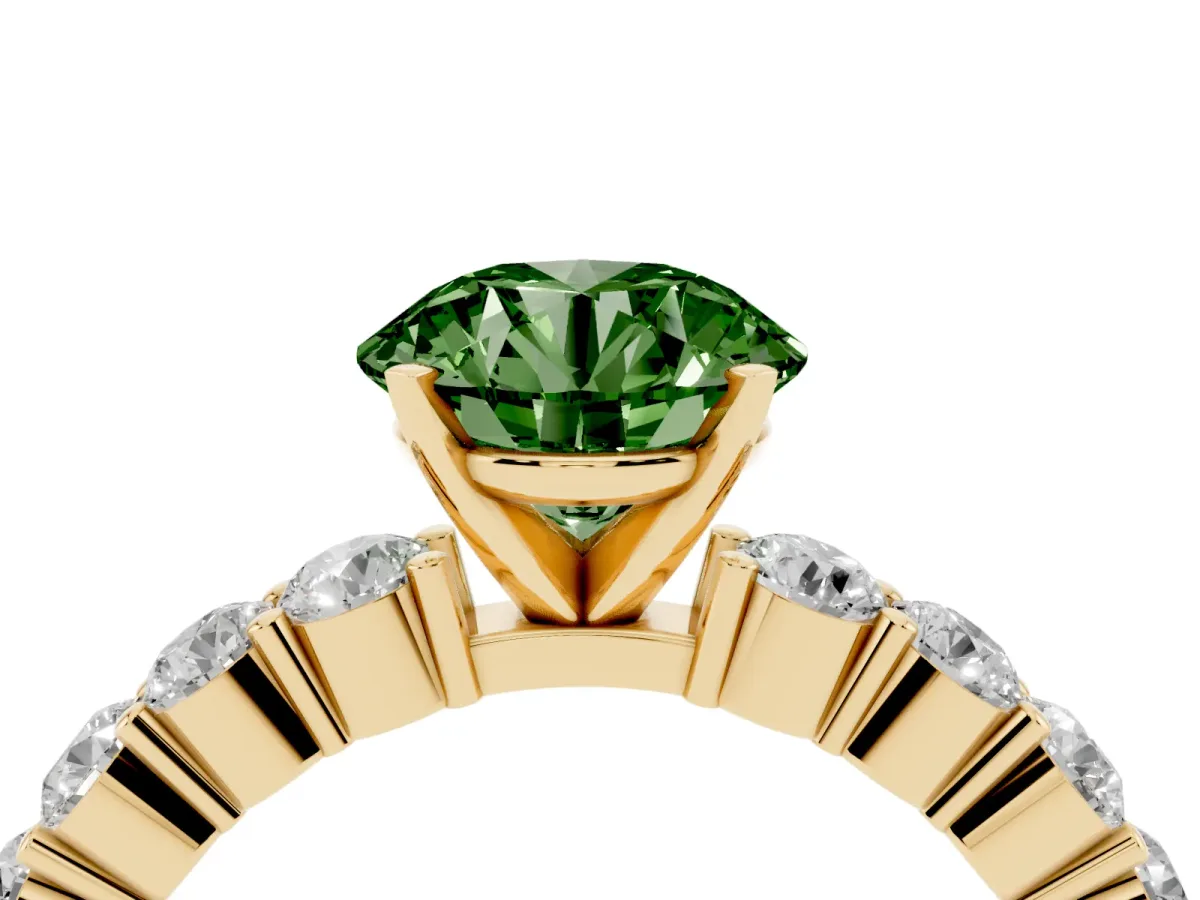 Fancy Green Round Cut Diamond Solitaire Ring with Shared Prong Round Side Stones Yellow gold