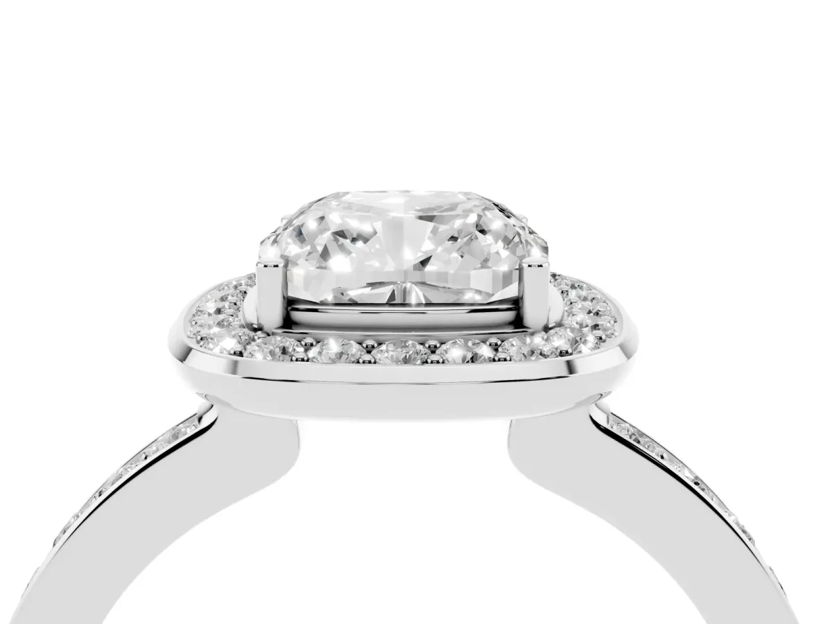 Cushion Cut Diamond Halo Ring with Bezel Frame and Pavé Band Silver