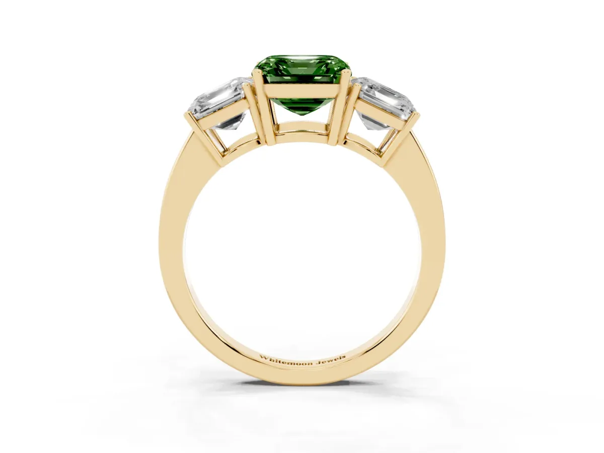 Fancy Green Three-Stone Asscher Cut Cut Diamond Engagement Ring with Flat Band and Four-Prong Setting Yellow gold