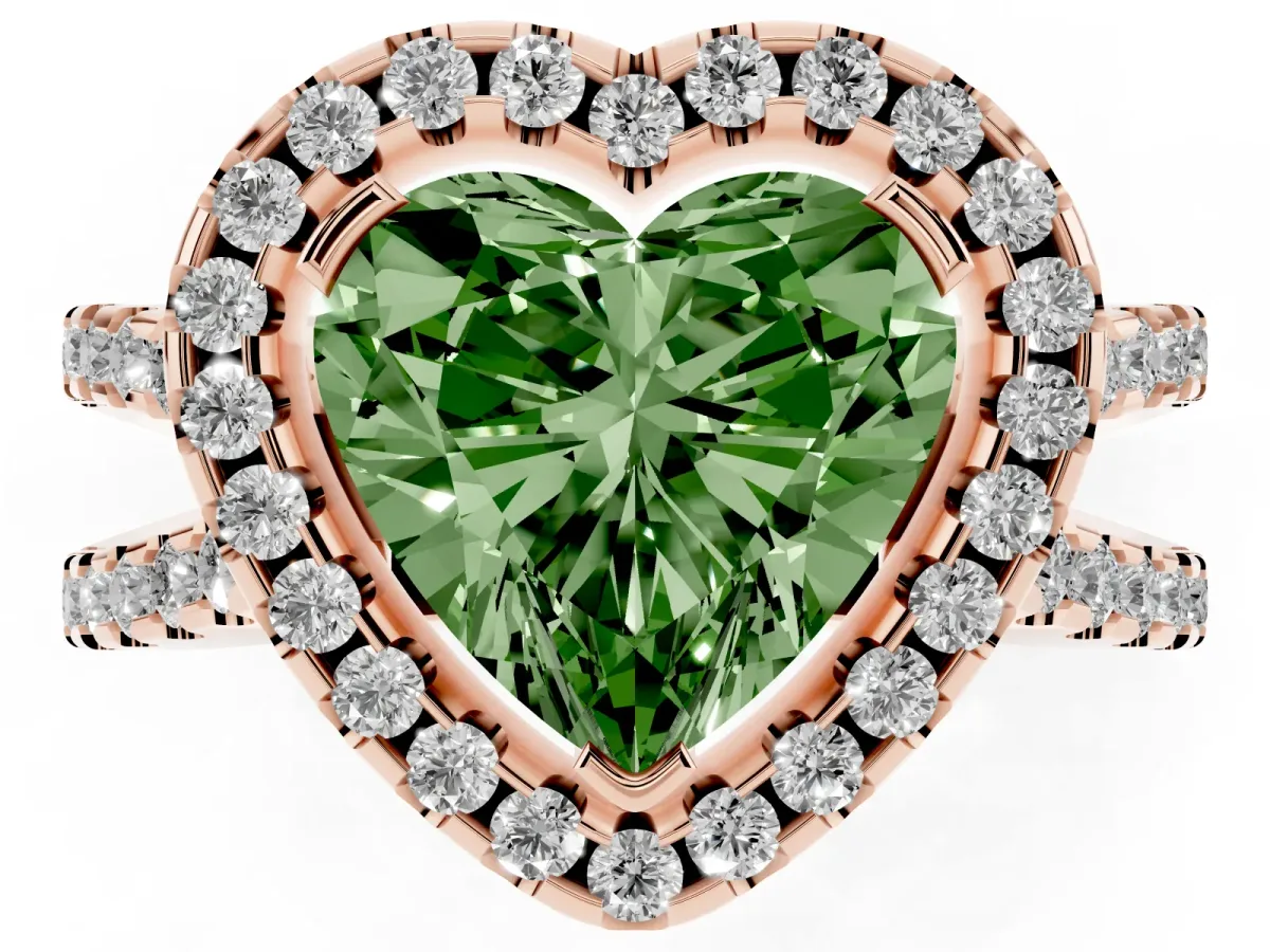 Fancy Green Heart Cut Diamond Halo Ring with Split Shank Pavé Band and Prong Setting Rose gold