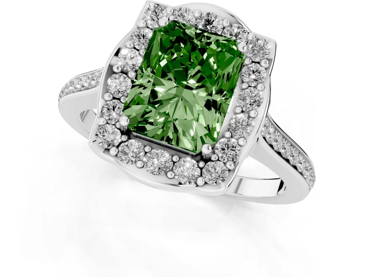 Fancy Green Radiant Cut Halo Round Diamond Pave Band with Four-Prong Setting Silver