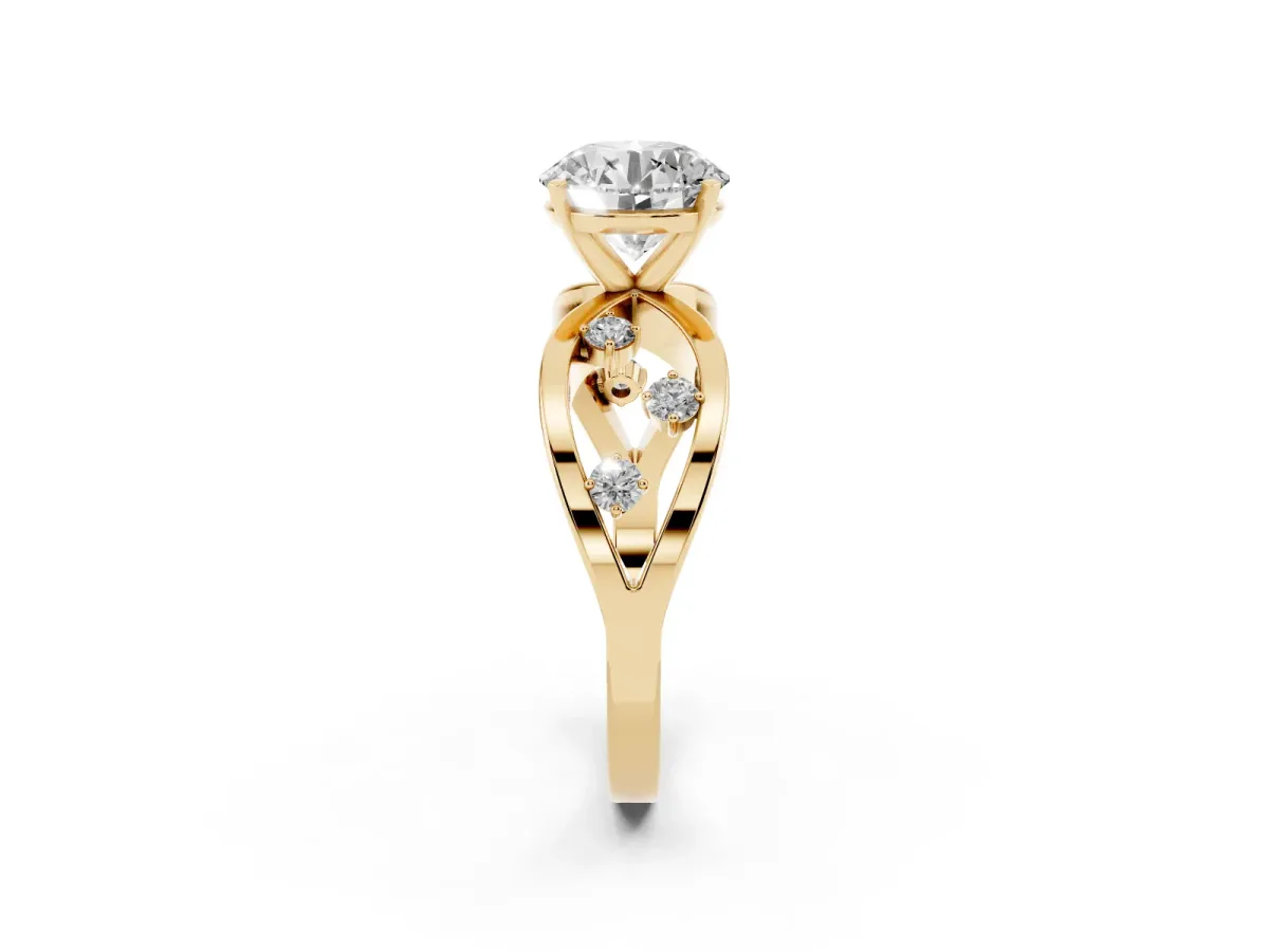 Round Cut Cut Solitaire Diamond with Side Stones on Criss-Cross Band and Four-Prong Setting Yellow gold