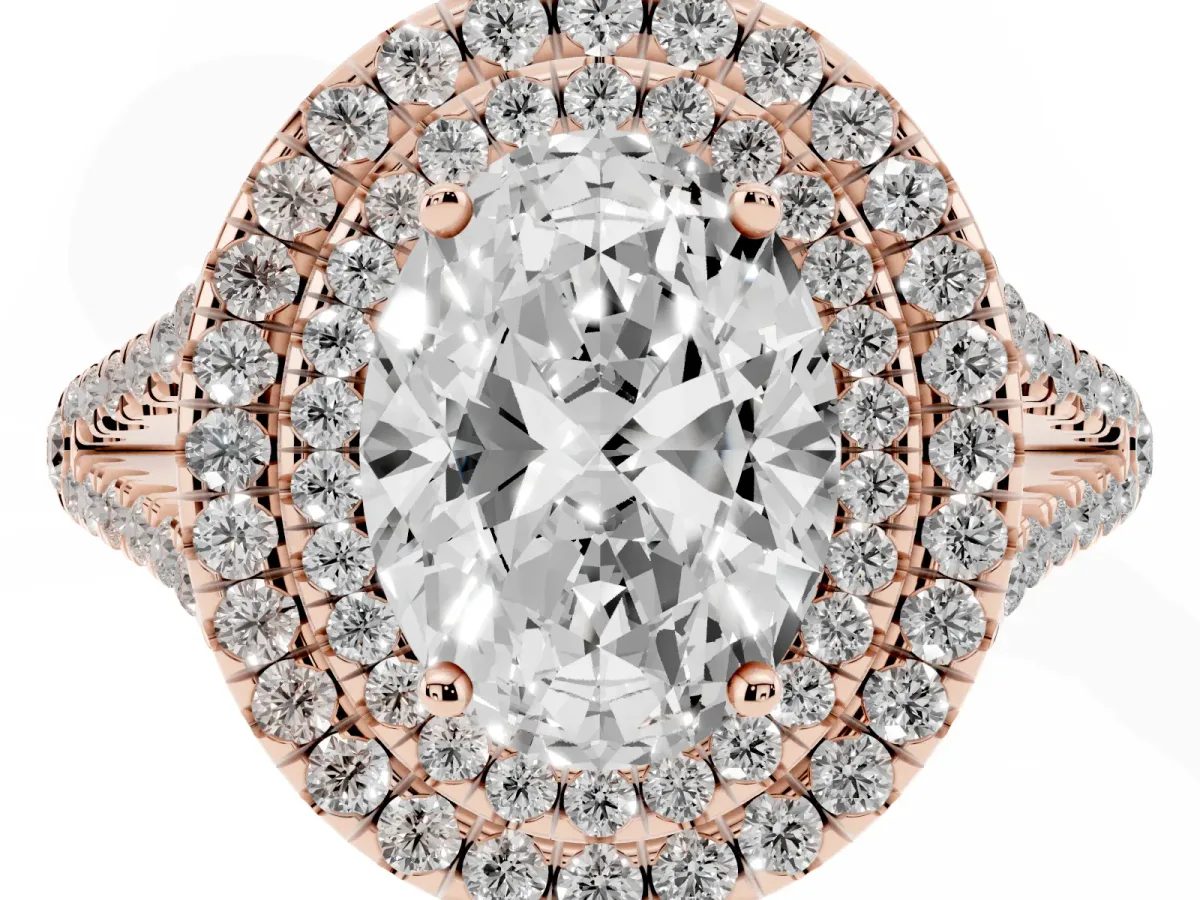 Oval Cut Diamond Double Halo Ring with Pavé Band and Prong Setting Rose gold
