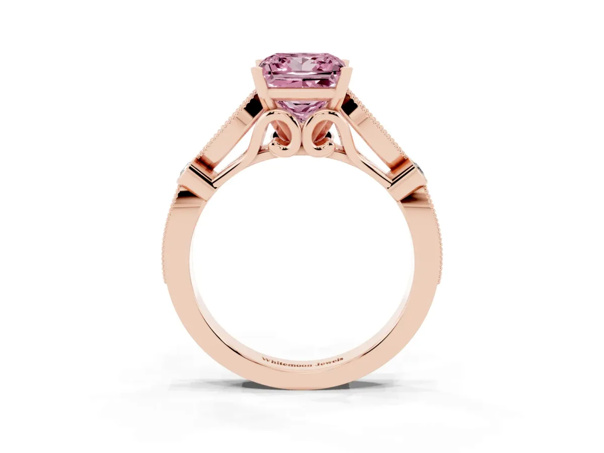 Fancy Pink Princess Cut Cut Diamond with Milgrain Marquise and Bezel Accents on a Solitaire Band with Prong Setting Rose gold
