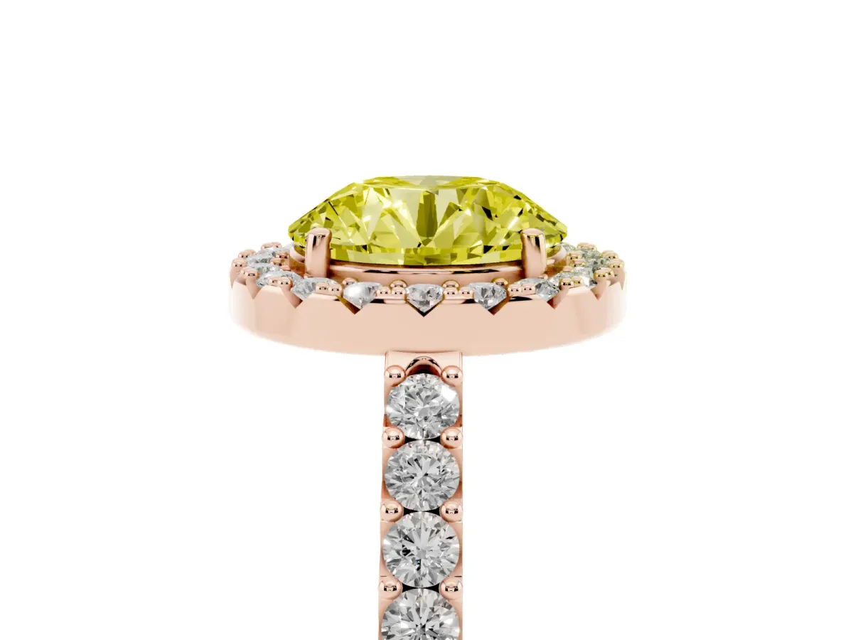 Fancy Yellow Round Cut Halo Diamond Pavé Solitaire Ring Rose gold