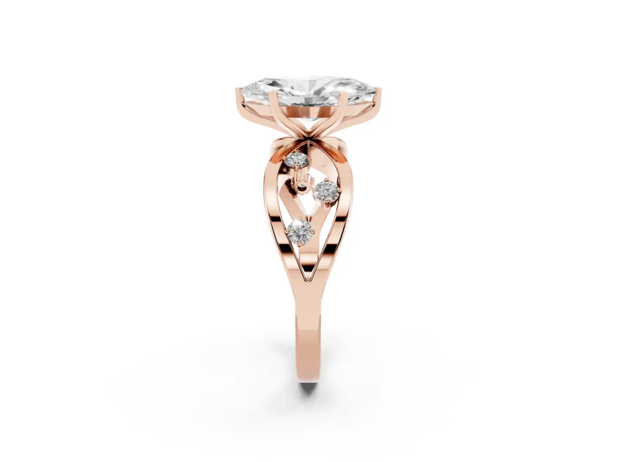 Marquise Cut Cut Solitaire Diamond with Side Stones on Criss-Cross Band and Four-Prong Setting Rose gold
