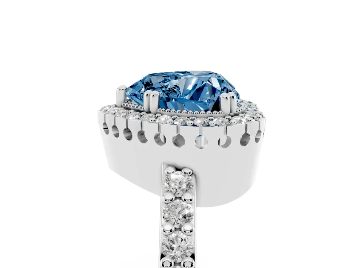 Fancy Blue Heart Cut Cut Diamond Halo Engagement Ring with Milgrain Detail and Pavé Band Platinum
