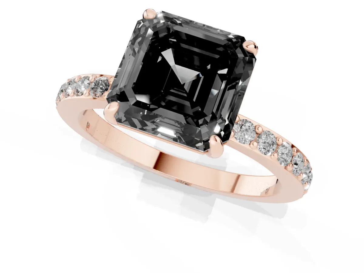 Fancy Black Asscher Cut Diamond Solitaire Engagement Ring with Pavé Band and Four-Prong Setting Rose gold