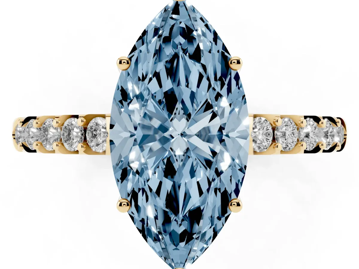 Fancy Blue Marquise Cut Solitaire Diamond Engagement Ring with Pavé Band and Six-Prong Setting Yellow gold