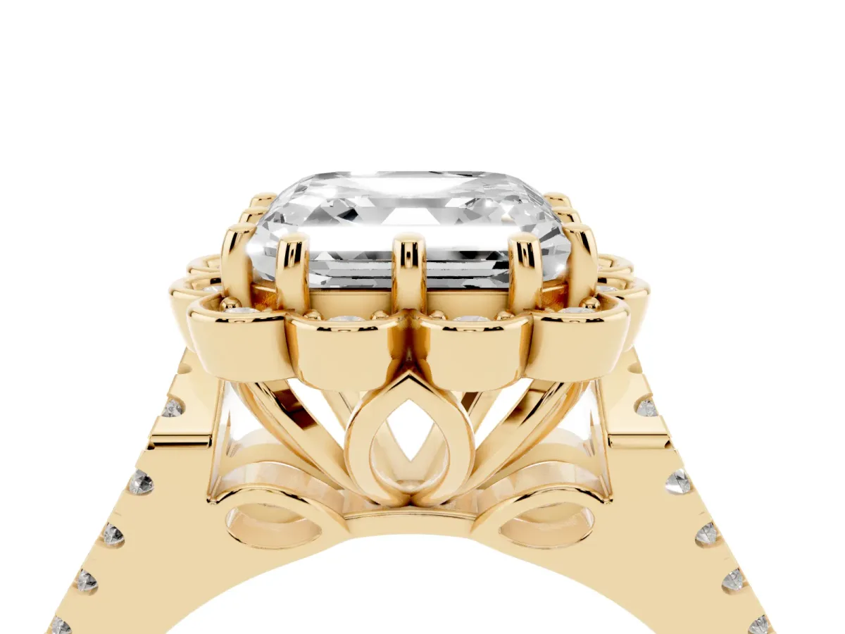 Asscher Cut Halo Diamond Floral Split Shank Engagement Ring Yellow gold