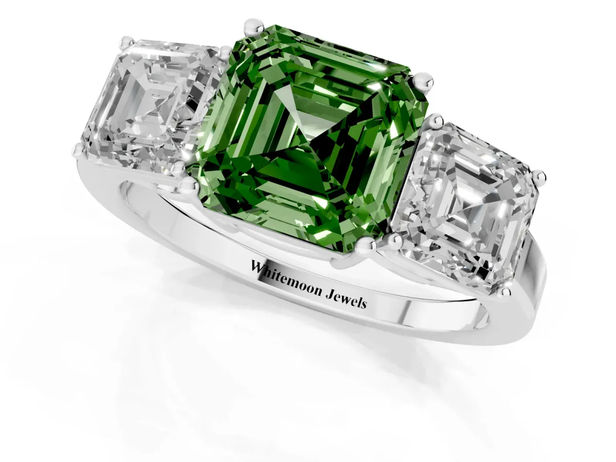 Fancy Green Three-Stone Asscher Cut Cut Diamond Engagement Ring with Flat Band and Four-Prong Setting Silver