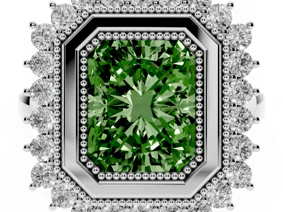 Fancy Green Radiant Cut Halo Diamond Ring with Milgrain Edge and Round Prong Setting Silver