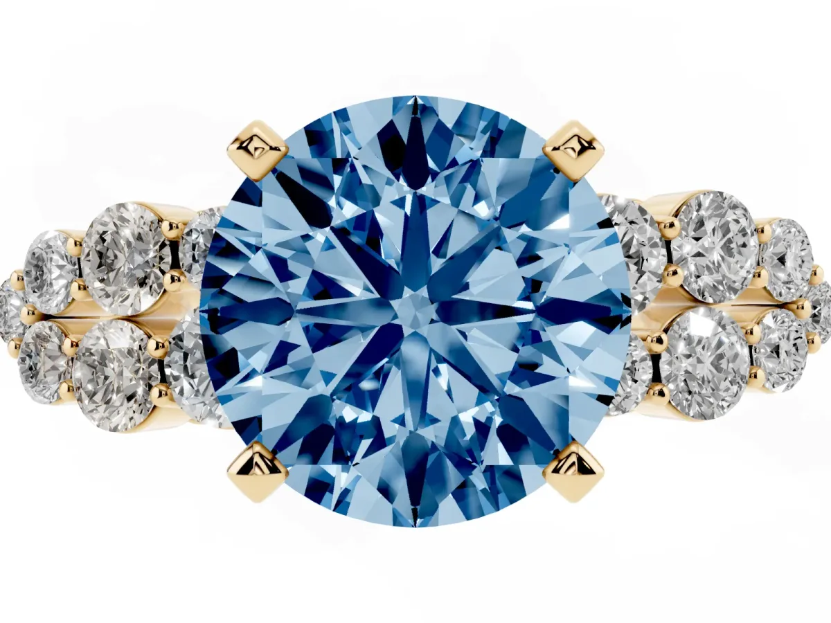Fancy Blue Round Cut Cluster Diamond Engagement Ring with Pavé Band and Four-Prong Setting Yellow gold