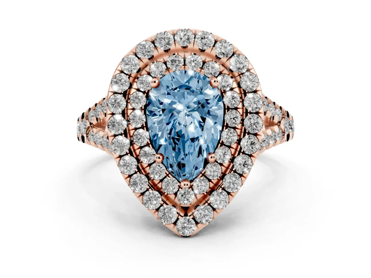 Fancy Blue Double Halo Pear Cut Diamond Pavé Split Shank Ring with Prong Setting Rose gold