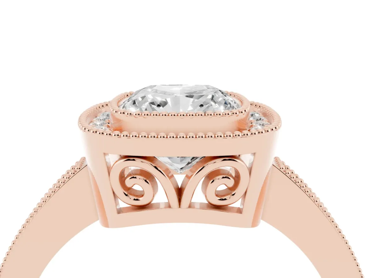 Cushion Cut Cut Halo Diamond Ring with Pavé Band and Milgrain Prong Setting Rose gold