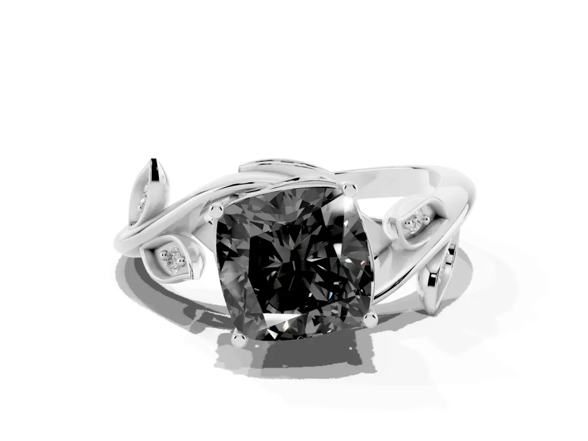 Fancy Black Cushion Cut Solitaire Twist Engagement Ring with Leaf Accents and Prong Setting Silver