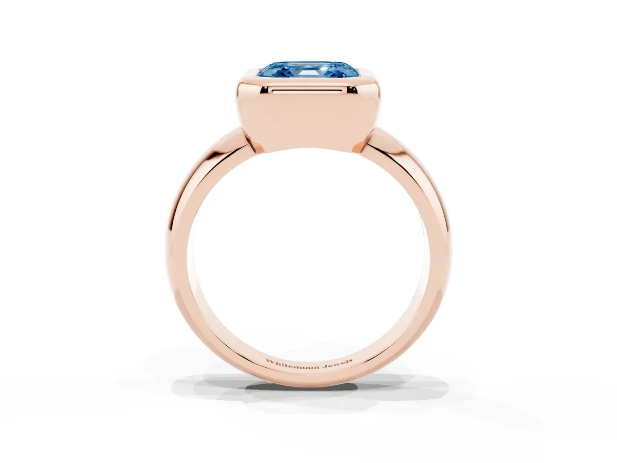 Fancy Blue Bezel Set Asscher Cut Solitaire Ring with Wide Band Rose gold