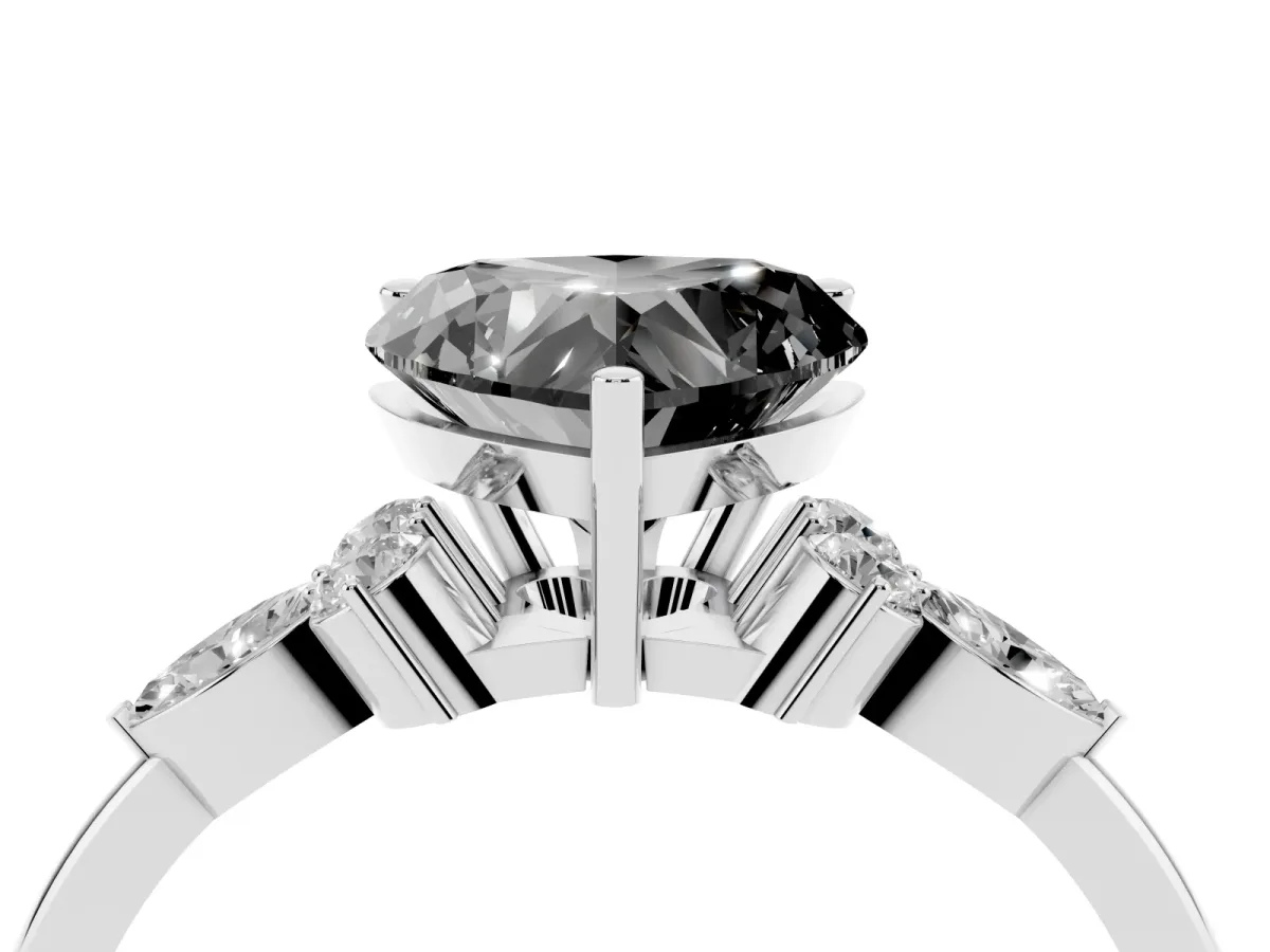 Fancy Black Heart Cut Brilliant Diamond Solitaire Ring with Pear Side Stones and Four-Prong Setting Platinum