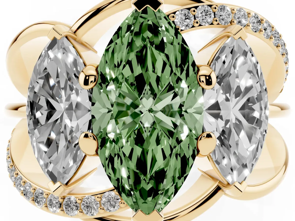 Fancy Green Three-Stone Marquise Cut Cut Diamond Split Shank Prong Set Ring Yellow gold