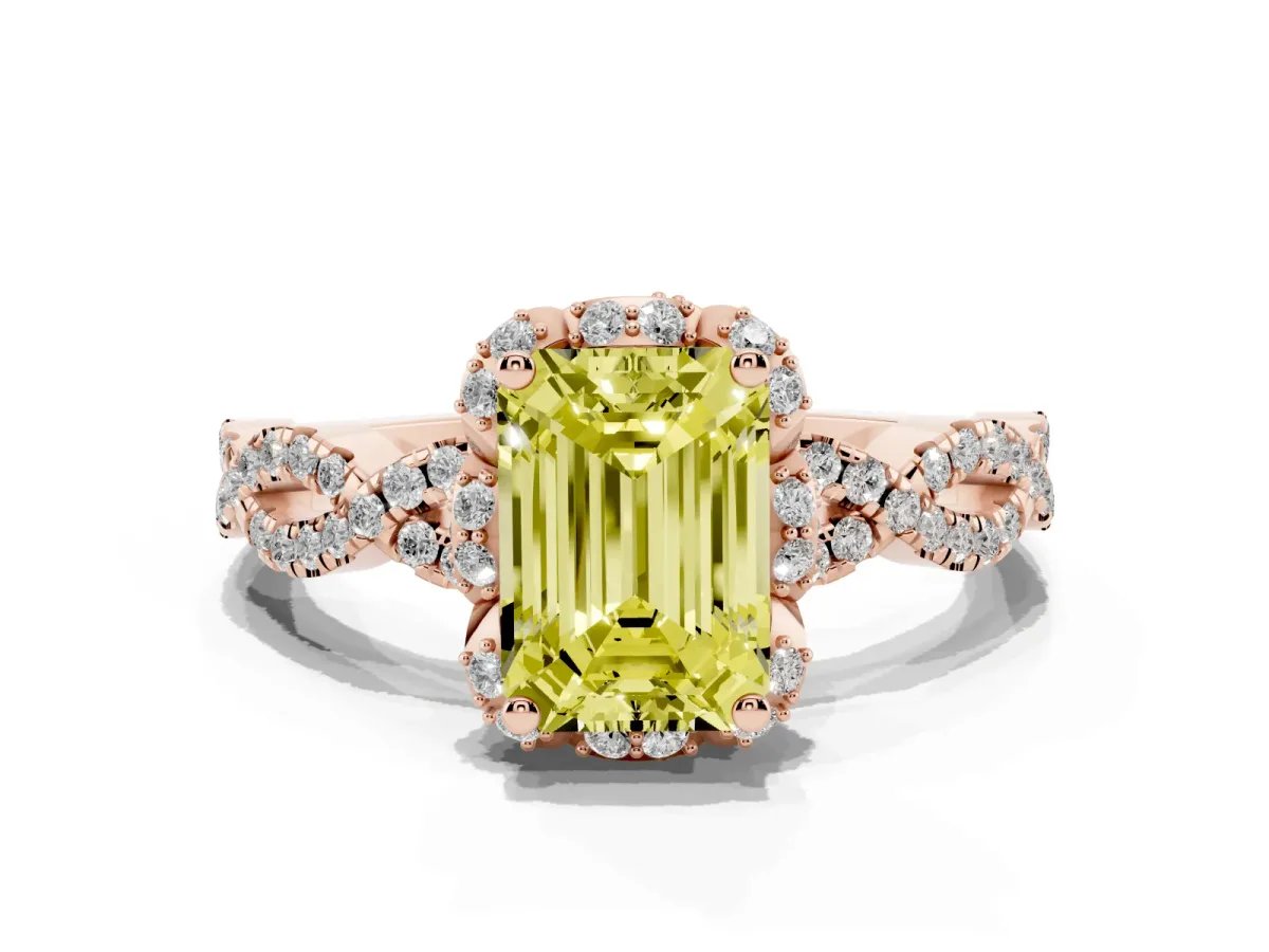 Fancy Yellow Emerald Cut Halo Twist Band Solitaire Ring with Six-Prong Setting Rose gold