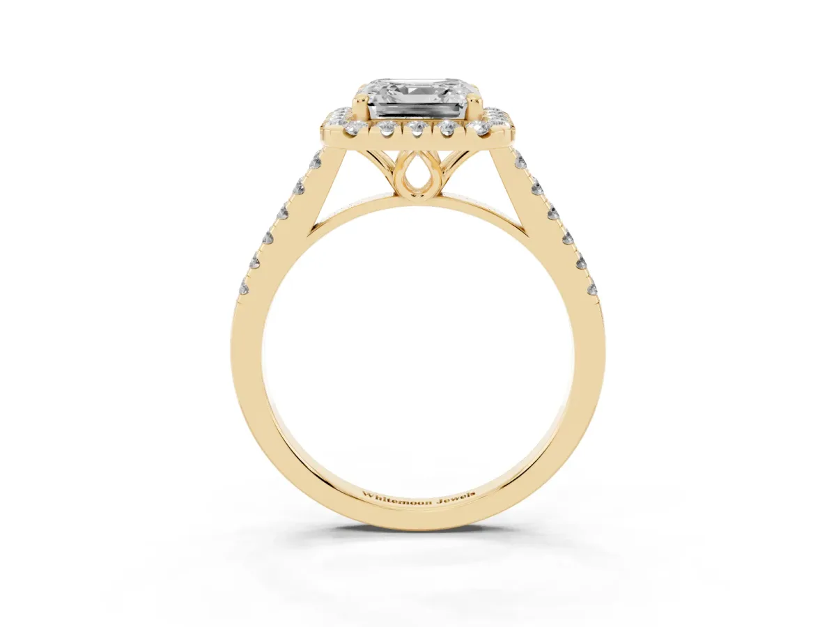 Asscher Cut Halo Pavé Diamond Engagement Ring with Four-Prong Setting Yellow gold