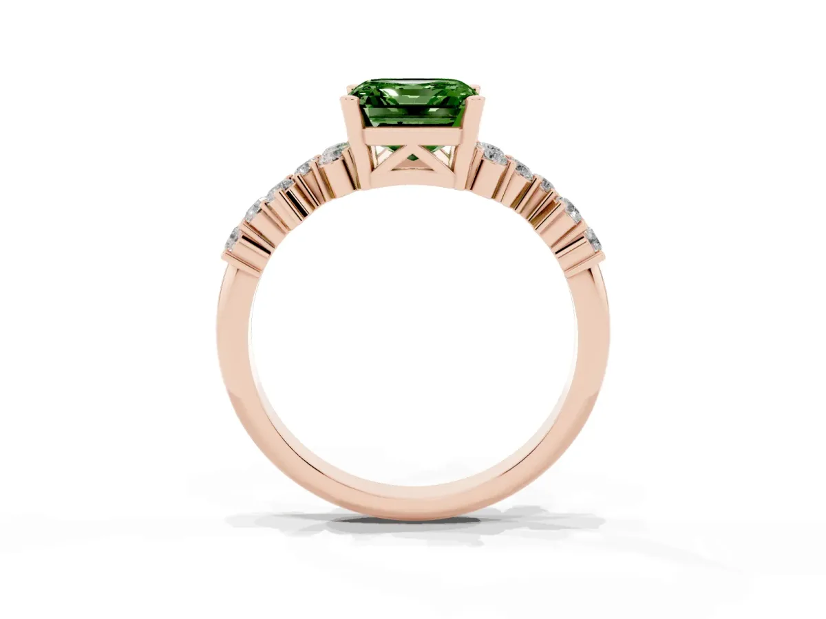Fancy Green Asscher Cut Diamond Scattered Round Accent Ring with Prong Setting Rose gold