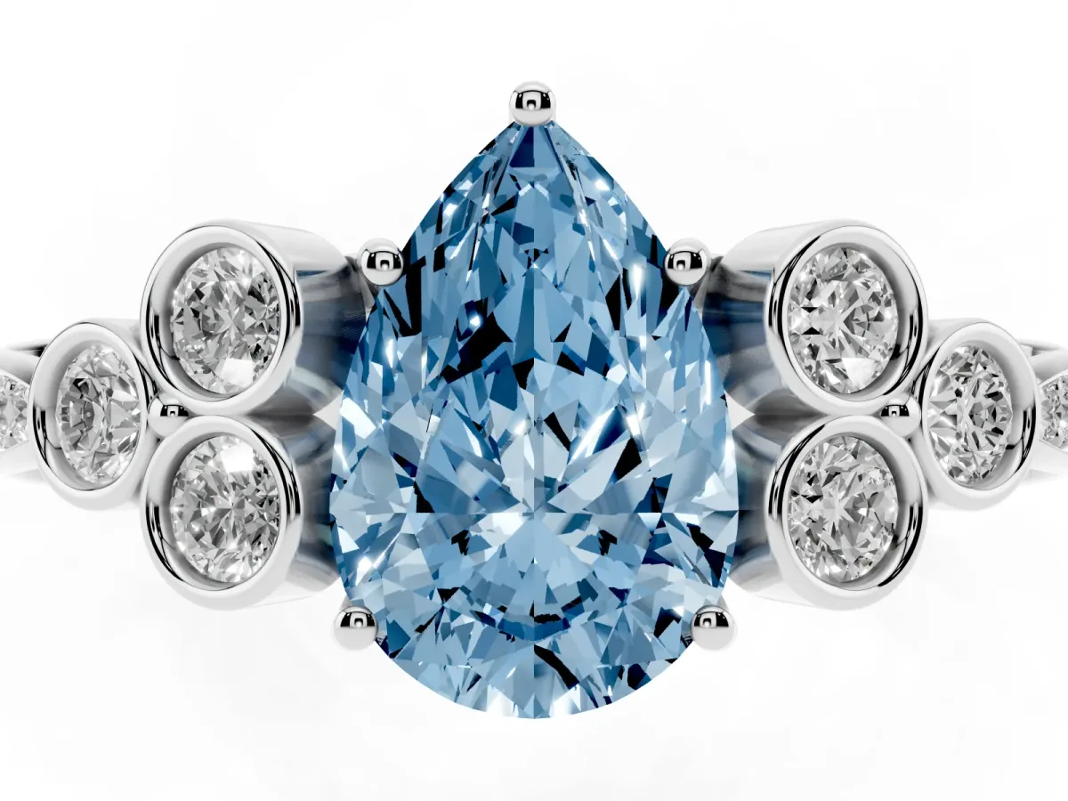 Fancy Blue Pear Cut Cut Diamond Engagement Ring with Bezel Set Round Side Stones and Prong Setting Silver