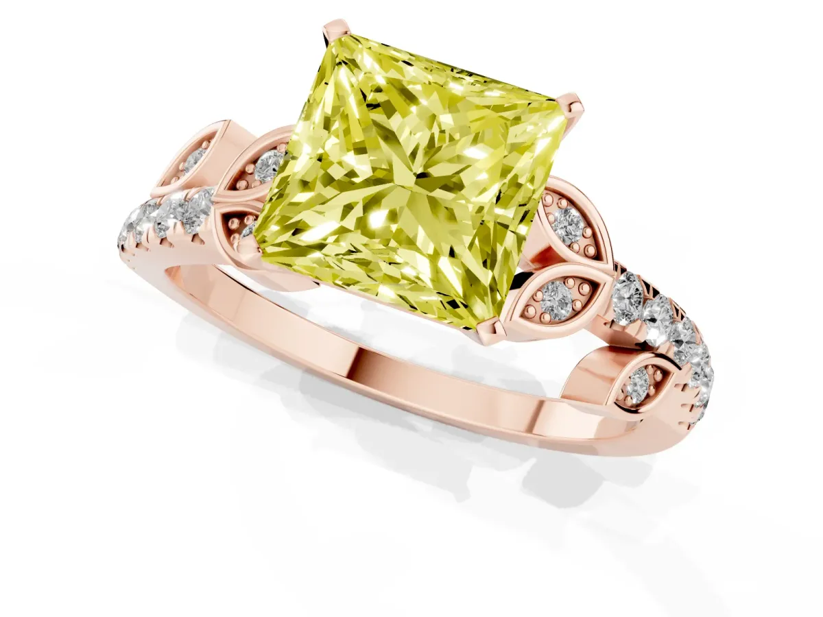 Fancy Yellow Princess Cut Solitaire Leaf-Inspired Diamond Ring with Pavé Band and Four-Prong Setting Rose gold