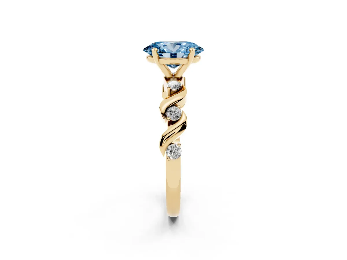 Fancy Blue Oval Cut Diamond Solitaire Twisted Band with Round Accents and Prong Setting Yellow gold