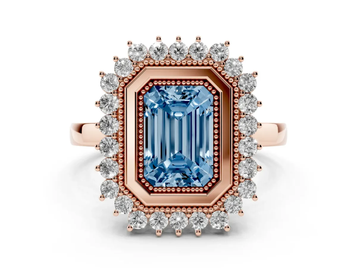 Fancy Blue Emerald Cut Halo Diamond Ring with Milgrain Edge and Round Prong Setting Rose gold