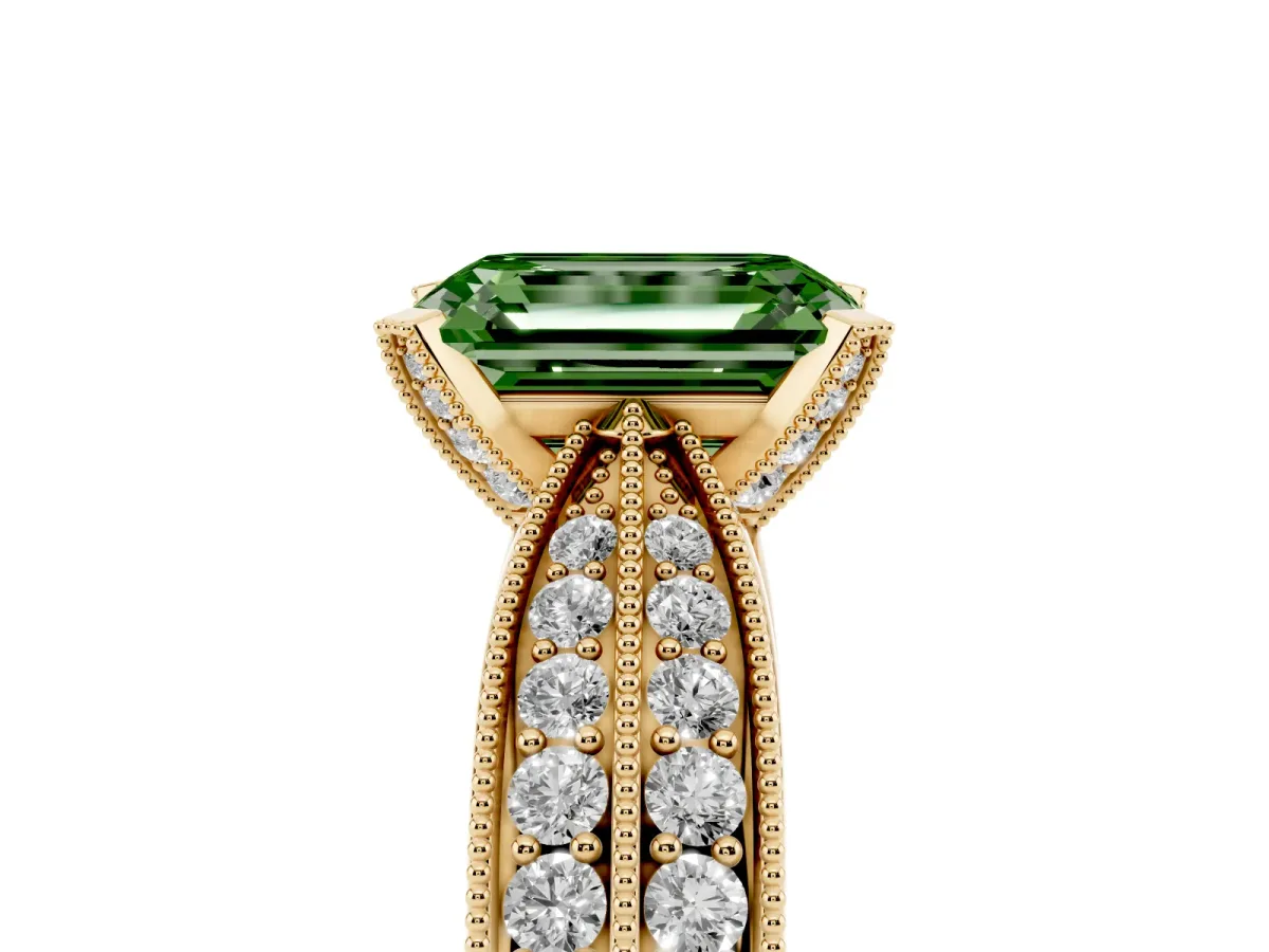 Fancy Green Emerald Cut Diamond Solitaire Ring with Milgrain Round Pavé Band and Prong Setting Yellow gold