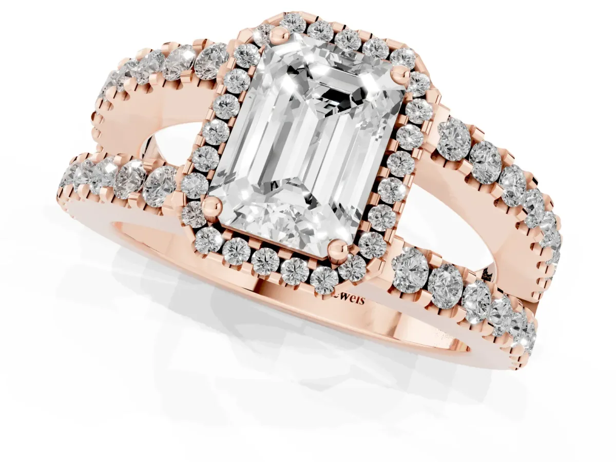 Emerald Cut Cut Halo Split Shank Diamond Ring with Four-Prong Setting Rose gold