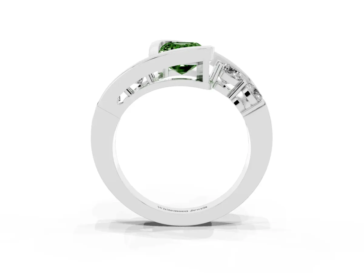 Fancy Green Bezel Set Emerald Cut Diamond Bypass Ring with Round Accents Silver