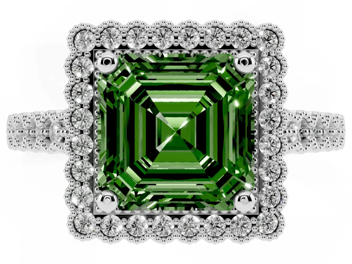 Fancy Green Asscher Cut Cut Halo Pavé Solitaire Ring with Milgrain Band Silver