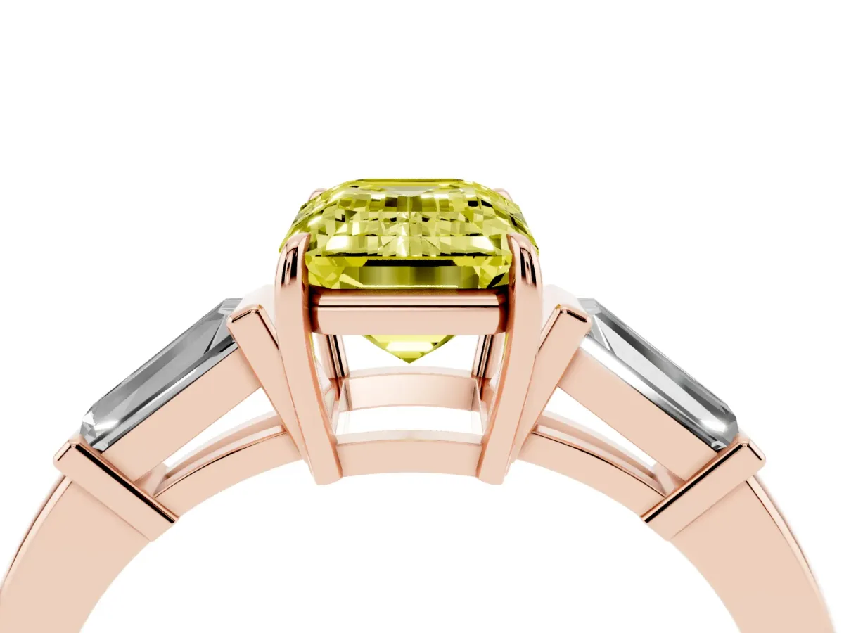 Fancy Yellow Emerald Cut Diamond Three-Stone Ring with Tapered Baguette Side Stones and Prong Setting Rose gold