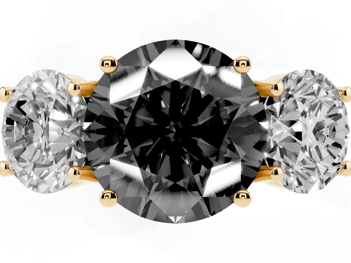 Fancy Black Three-Stone Round Cut Diamond Pavé Band with Prong Setting Yellow gold