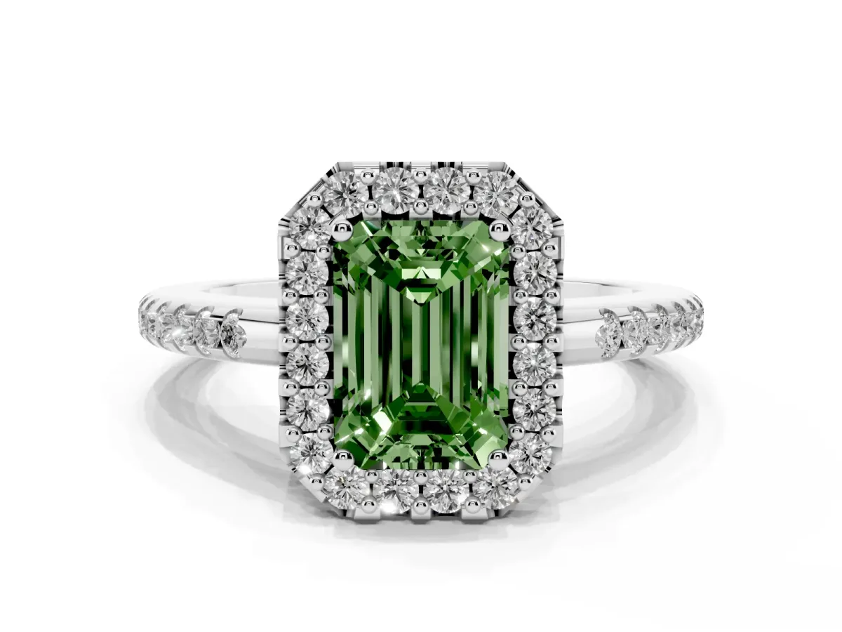 Fancy Green Emerald Cut Diamond Pavé Halo Ring with Four-Prong Setting Silver