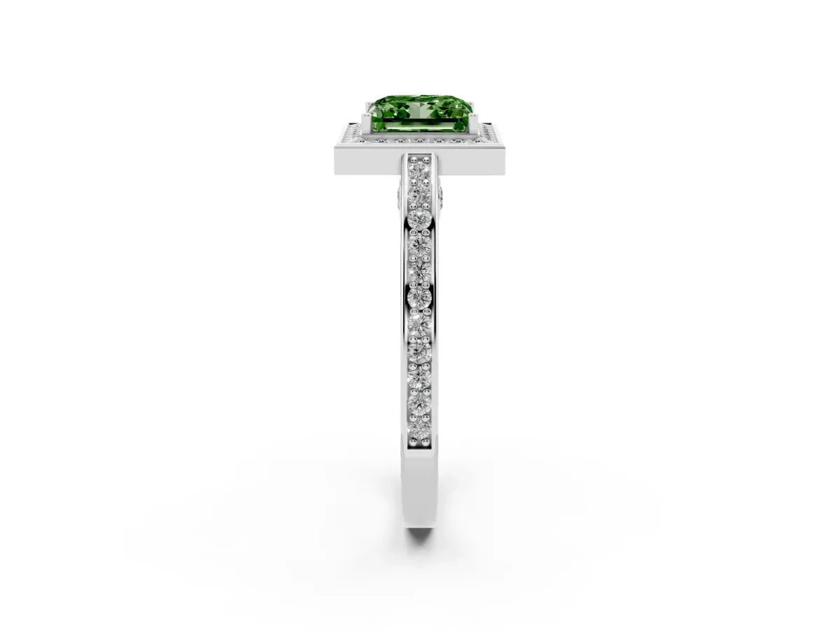 Fancy Green Princess Cut Cut Halo Pave Split Shank Prong Setting Ring Platinum