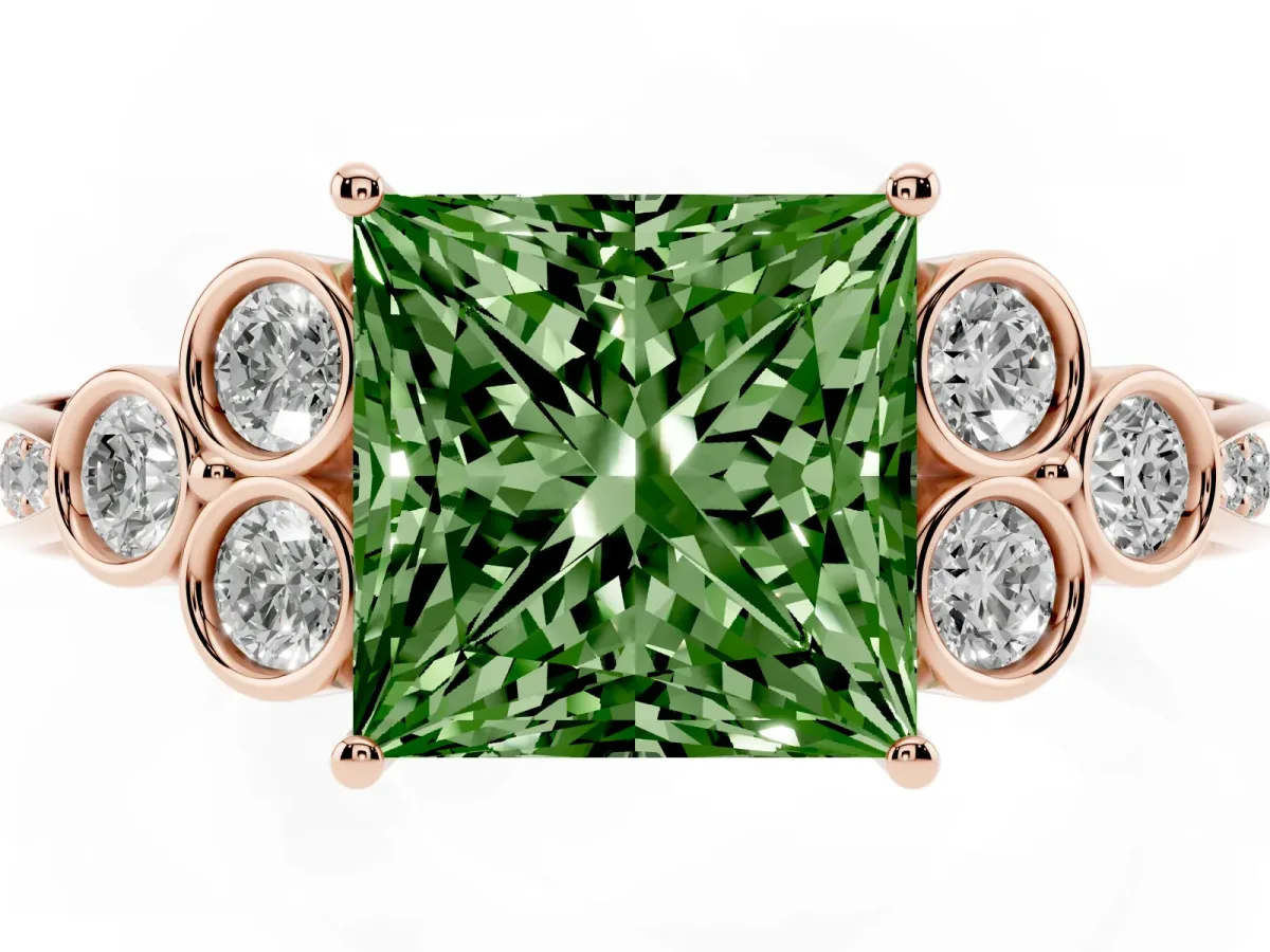 Fancy Green Princess Cut Cut Diamond Engagement Ring with Bezel Set Round Side Stones and Prong Setting Rose gold