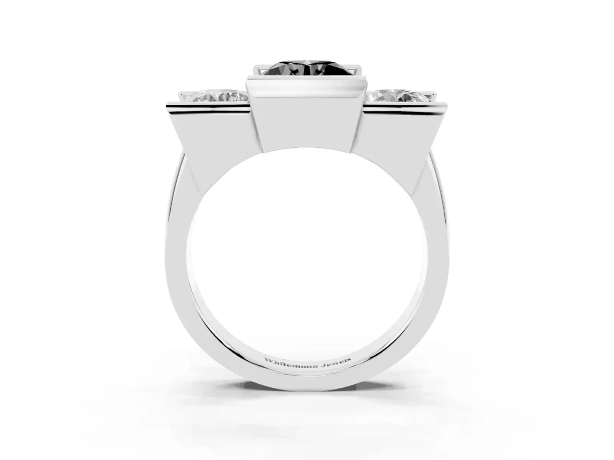 Fancy Black Three Stone Round Cut Cut Channel Set Diamond Ring Platinum