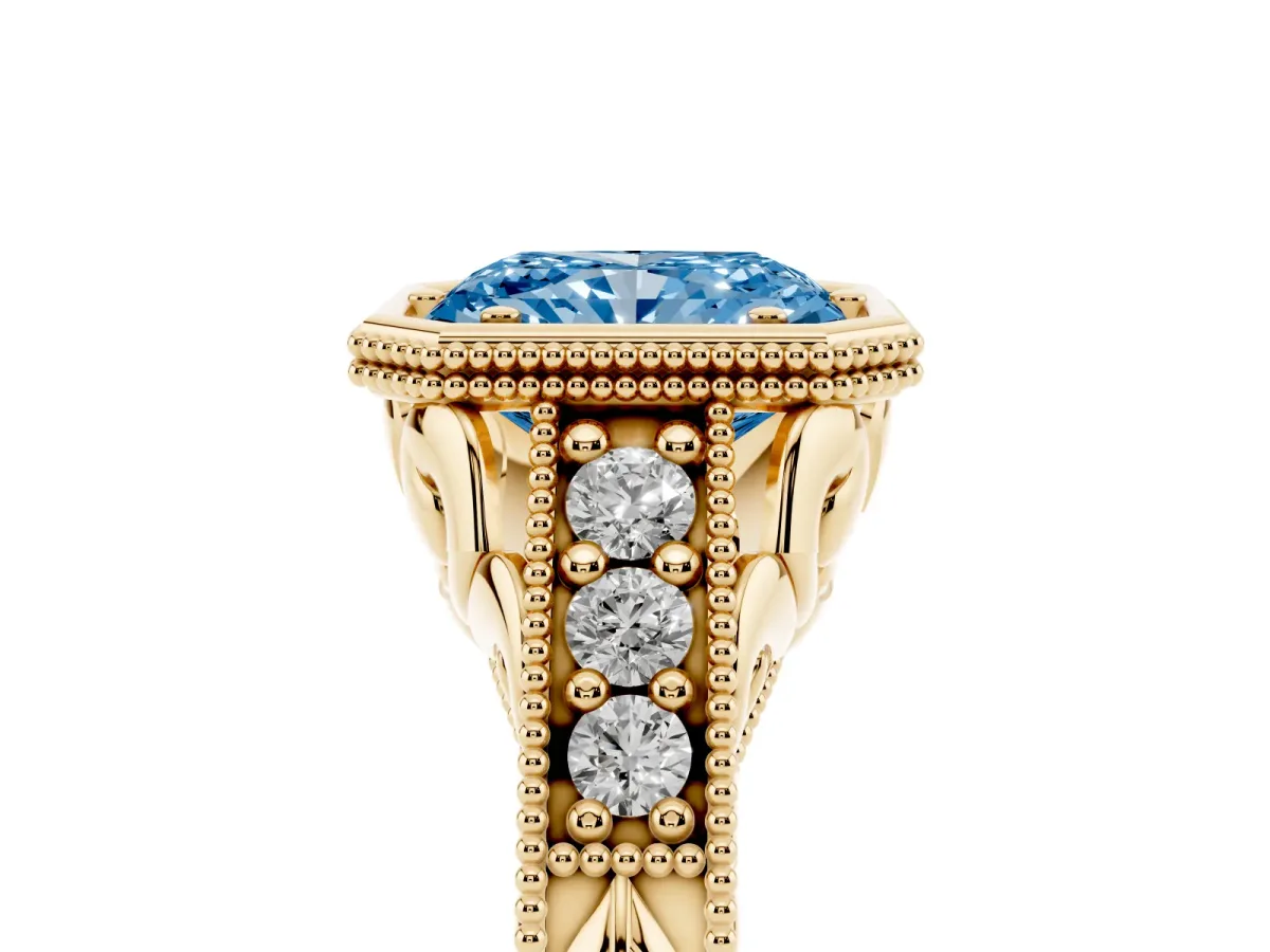 Fancy Blue Bezel Set Radiant Cut Diamond Milgrain Pave Engagement Ring Yellow gold