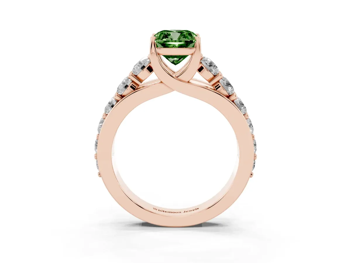 Fancy Green Cushion Cut Diamond Engagement Ring with Pavé Band and Four-Prong Setting Rose gold