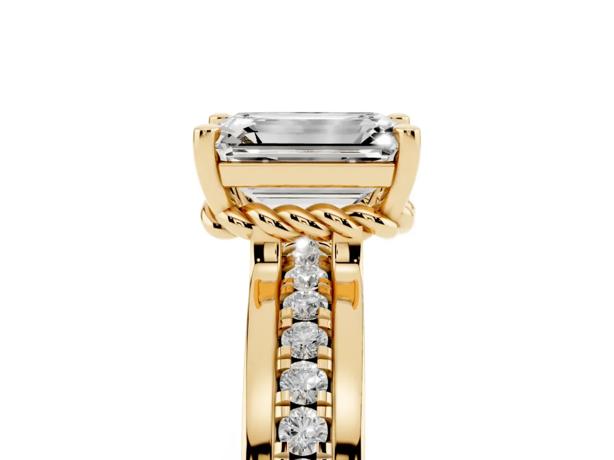 Emerald Cut Solitaire Diamond Ring with Channel Set Band and Six-Prong Setting Yellow gold