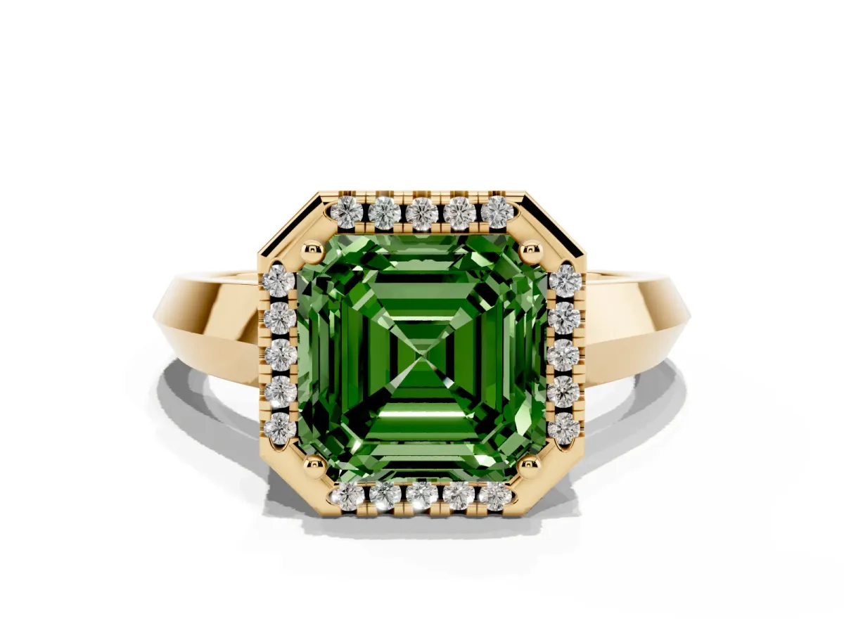 Fancy Green Asscher Cut Halo Diamond Ring with Cathedral Band and Four-Prong Setting Yellow gold