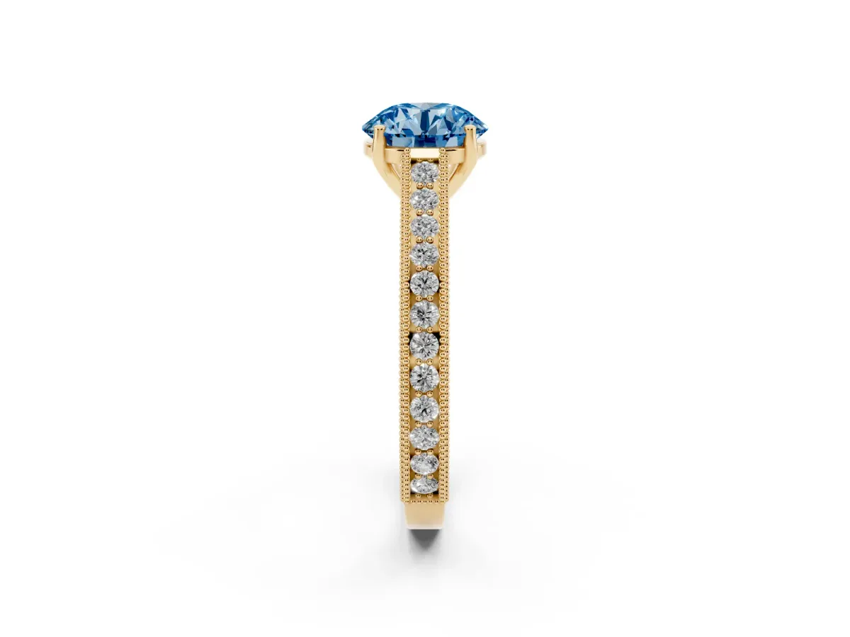 Fancy Blue Round Cut Cut Pave Band Milgrain Solitaire Ring Yellow gold