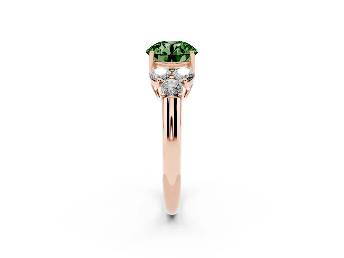 Fancy Green Round Cut Cut Diamond Cluster Ring with Round Accent Stones and Prong Setting on a Classic Band Rose gold